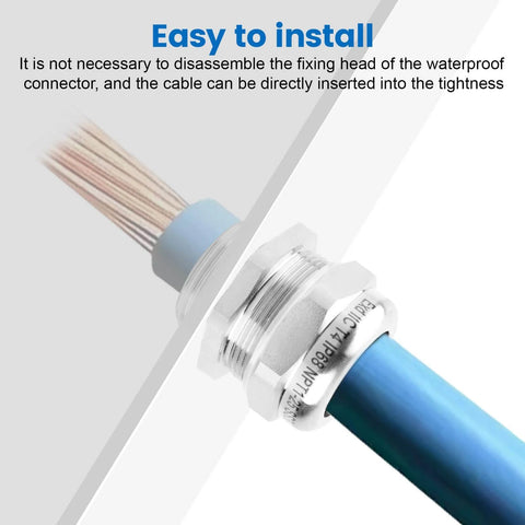 Built Tough 1 Inch NPT Stainless Steel Waterproof Cable Gland with IP68 Rating, shown with blue cable inserted