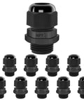 Ten Pack One Half Inch NPT Strain Relief Nylon Cord Grip With IP68 Waterproof Adjustable Cable Glands In Black Nylon Locknut Joints