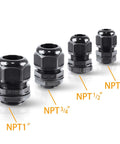 Set of black cable glands in four sizes: NPT 1 inch, NPT 3/4 inch, NPT 1/2 inch, and NPT 3/8 inch, arranged in a row