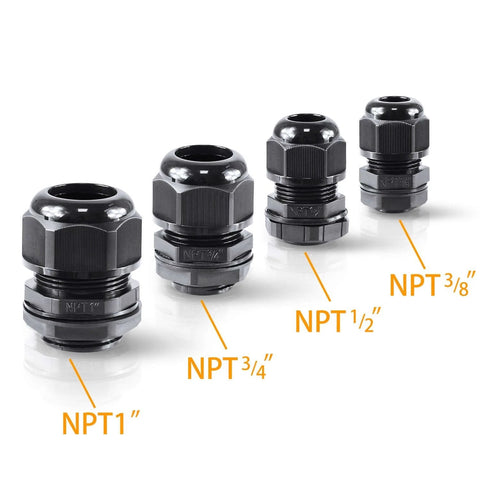 Set of black cable glands in four sizes: NPT 1 inch, NPT 3/4 inch, NPT 1/2 inch, and NPT 3/8 inch, arranged in a row