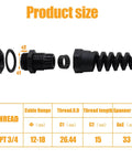 Product size breakdown of Two Pack NPT Three Quarter Inch Cable Glands Waterproof IP68 Nylon Joint With Flex Spiral Strain Relief For Thirteen To Eighteen Millimeter Wires Fits Half To Seven Tenths Inch Cable Range PA66.