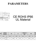 Diagram and specifications for Four Pack NPT Three Quarter Inch Cable Gland Set, Plastic Waterproof Nylon Cable Joints With Gaskets.