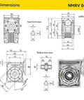 Diagram of NMRV040 Worm Gear Gearbox Ratio 5:1, 18mm Output Shaft with dimensions and technical specifications.
