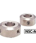NSC-5-8-M NBK Set Collar - Set Screw Type. Japan Made. Silver metal collar with set screw holes, front view.