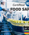 Factory conveyor with labeled Pro Grade Pneumatic Tool Lubricant For Air Tools, NSF Food Grade certification, bottles in production