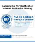NSF certification badge and text emphasizing NSF 42 certification for reduced chlorine in LT1000PC water filter