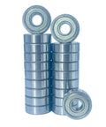 Stack of 20 NSK 608ZZ Precision Ball Bearings 8x22x7mm with double metal seals, high-speed industrial packaging.