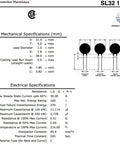 Spec sheet showing NTC Thermistor Inrush Current Limiter 1 Ohm 20 Percent Tolerance Pack Of 2 For HVAC SG379 Applications Low Resistance Startup Aid.