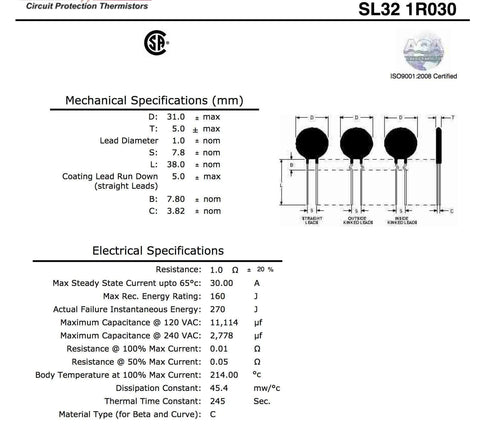Spec sheet showing NTC Thermistor Inrush Current Limiter 1 Ohm 20 Percent Tolerance Pack Of 2 For HVAC SG379 Applications Low Resistance Startup Aid.