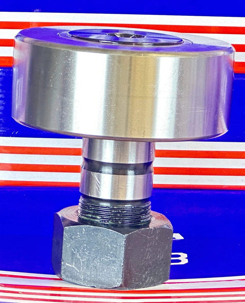 Side view of NUKR90 Track Roller Cam Follower Needle Roller Bearing 30x90x100mm with bolt attachment, metal finish
