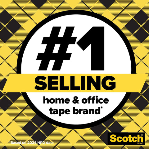 Number one selling home and office tape brand advertisement with yellow and black plaid background.