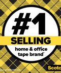 #1 selling home and office tape brand, Scotch Brand, yellow and black background with plaid pattern.