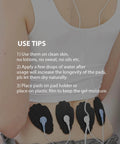 Woman using Unit Electrode Pads NURSAL 20 Pack 3.5mm Snap EMS Replacement Pads on lower back, with use tips for electrotherapy.