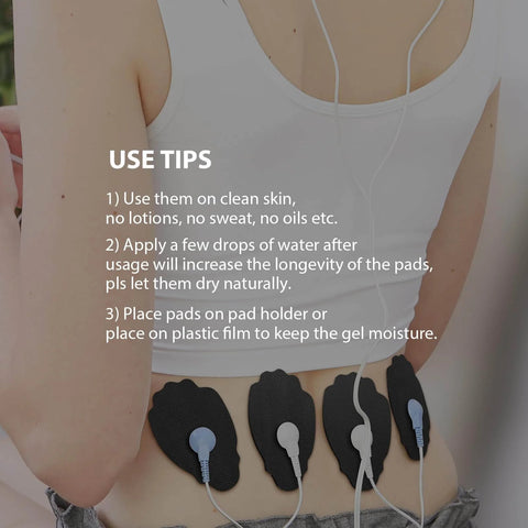 Woman using Unit Electrode Pads NURSAL 20 Pack 3.5mm Snap EMS Replacement Pads on lower back, with use tips for electrotherapy.