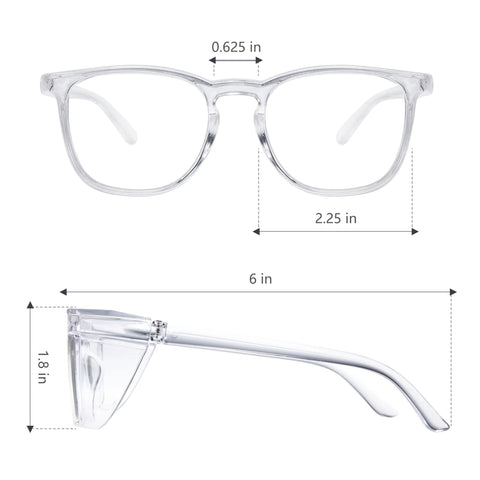Nurse Safety Goggles Anti Fog Eye Protection PPE For Lab Blue Light Filter, front and side view with dimensions