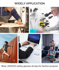 Collage of diverse settings showing use of Nurse Safety Goggles Anti Fog Eye Protection PPE For Lab Blue Light Filter at work, lab, and home.