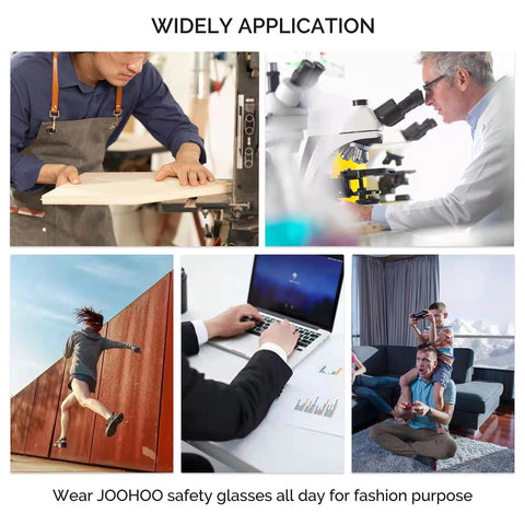 Collage of diverse settings showing use of Nurse Safety Goggles Anti Fog Eye Protection PPE For Lab Blue Light Filter at work, lab, and home.
