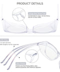 Close-up of clear nurse safety goggles with integrated nose pad and side shields, highlighting anti-fog eye protection and flexible hinges.
