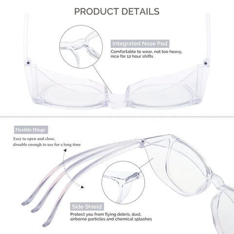Close-up of clear nurse safety goggles with integrated nose pad and side shields, highlighting anti-fog eye protection and flexible hinges.