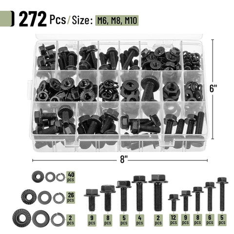 Nuts And Bolts Assortment Kit 272 Pieces Flange Hex Bolts Nuts Washers Grade 10.9 Black Carbon Steel M6 M8 M10