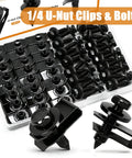 50Pcs 1/4 U Nut Clips And Fender Bolts Kit for automotive body fasteners, black phosphate-coated, hex bolts and U-nut clips