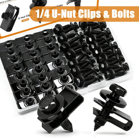 50Pcs 1/4 U Nut Clips And Fender Bolts Kit for automotive body fasteners, black phosphate-coated, hex bolts and U-nut clips