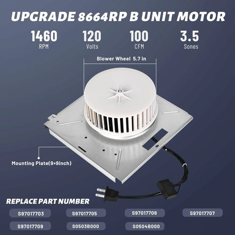 8664RP 8663RP for Nutone 8664RP/8663RP B Unit Bathroom Fan Motor with mounting plate and specifications.
