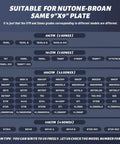 Compatibility chart for Nutone-Broan 9x9 plate highlighting fan models like 8664RP, 8663RP, and others with CFM and sones ratings.