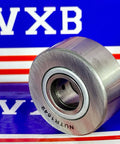 NUTR1542 Flat Yoke Roller Bearing 15x42x18mm front view with sealed sides and track roller design against a branded VXB backdrop.