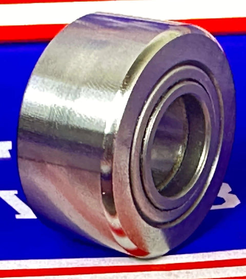 Side view of NURT17 Flat Yoke Roller Bearing 17x40x20mm, showcasing metal construction on colorful background.