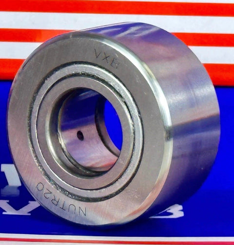 NUTR20 Flat Yoke Roller Bearing 20x47x24mm, VXB brand, sealed sides, metal construction, front view against a colorful background.