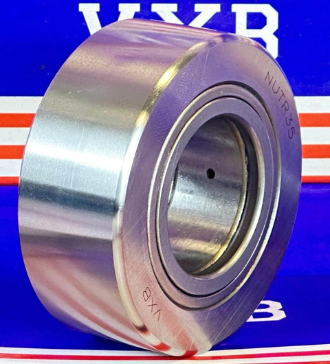 Side view of NUTR35 Flat Yoke Roller Bearing 35x72x28mm, showing sealed metal design on blue and red background.
