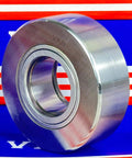 NUTR3580 Flat Yoke Roller Bearing 35x80x28mm, side view, metal bearing with VXB branding, against blue and red background