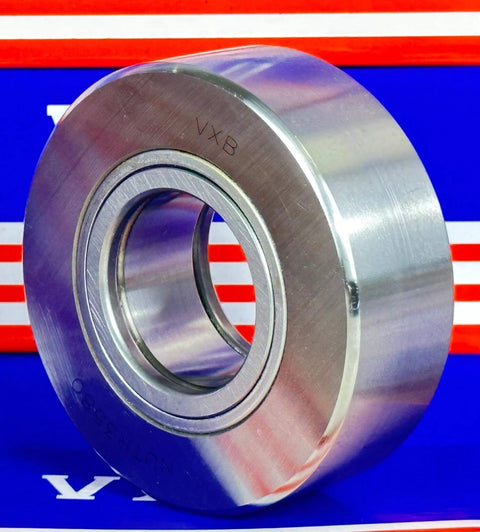 NUTR3580 Flat Yoke Roller Bearing 35x80x28mm, side view, metal bearing with VXB branding, against blue and red background