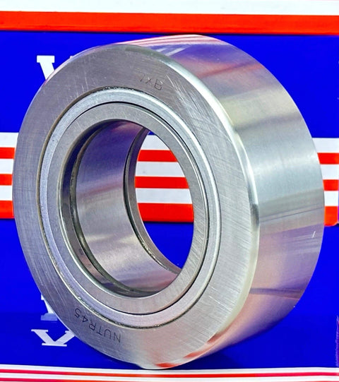 NUTR45 Flat Yoke Roller Bearing 45x85x30mm front view, stainless steel finish, VXB branded packaging background
