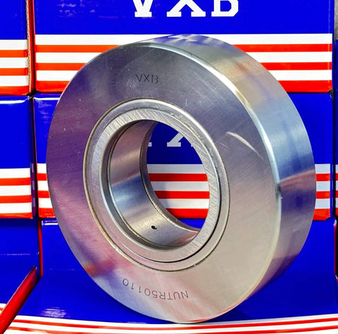 NUTR50110 Flat Yoke Roller Bearing 50x110x30mm front view against VXB branded packaging