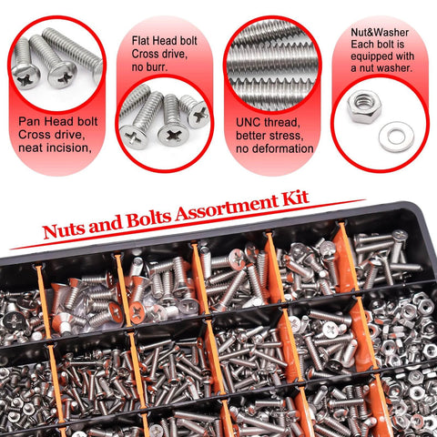 Twidec/1281PCS Nuts and Bolts Assortment Kit, 304 Stainless Steel Screws with pan and flat head, in storage case