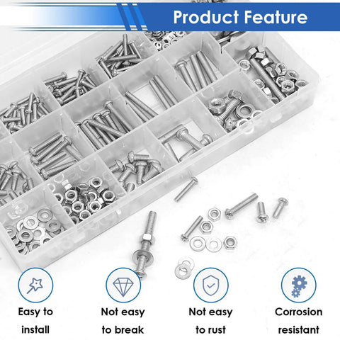 516Pcs Nuts and Bolts Assortment Kit 21 Sizes M3 M4 M5 M6 with washers in plastic organizer for machinery, furniture, automotive use