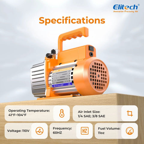Heavy Duty NVP-5 HVAC Vacuum Pump With 5 CFM Flow and 2 L Per Second, Single Stage Rotary Vane, Elitech, side view on wooden surface.