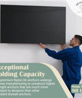 Man mounting a TV using Reinforced Nylon 66 Drywall Repair Anchors Kit with Carbon Steel Screws, 90lb Hold, Small Wall Hanging Set.
