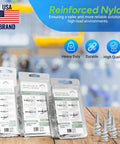 Reinforced Nylon 66 Heavy Duty Wall Anchors 90lb Bulk Pack packaging with USA brand label and icons for durability and quality