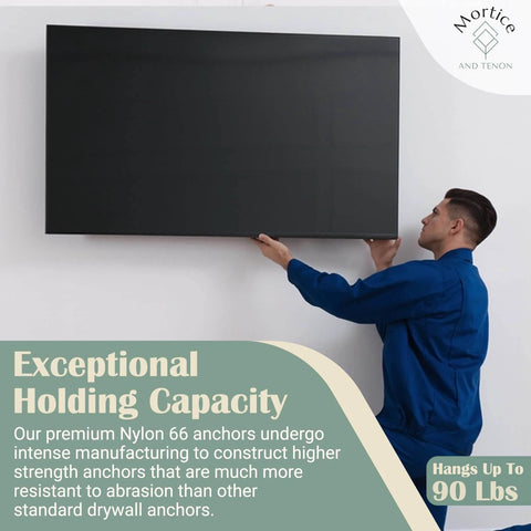 Person installing TV with Reinforced Nylon 66 Heavy Duty Wall Anchors 90lb Bulk Pack for Remodel and Multi Room Projects