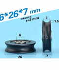 Nylon 6x26x7mm POM moving pulley with 626RS bearing for doors and cabinets, compact design, side and front views