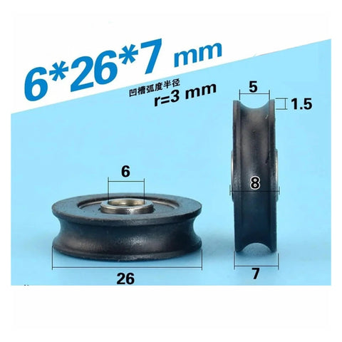 Nylon 6x26x7mm POM moving pulley with 626RS bearing for doors and cabinets, compact design, side and front views