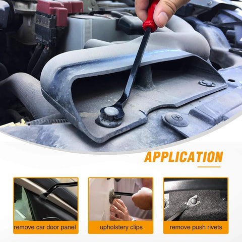 Hand using Five Piece Nylon Impact Resistant Auto Trim Removal Tool Kit For Car Panels And Audio Dashboard Dismantling No Scratch Durable Non Toxic Construction For Safe Car Audio System Installation And Repairs on vehicle dashboard panel.