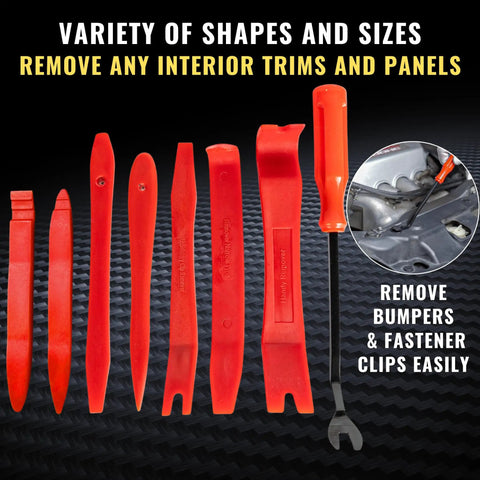 8 Piece Auto Trim Removal Tool Set Nylon Pry Tools No Scratch Car Interior Kit shown with various nylon tools and fastener remover.