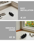 Black nylon boat cleat with screws on white deck; front close-up view

Installed black nylon boat cleat with screws on white deck near window