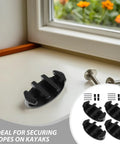 Four black nylon boat cleats with screws for kayak deck mounting, front view