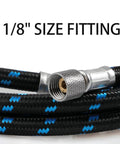 Close-up of Six Foot Braided Airbrush Hose With Nylon Exterior And Rubber Inner One Eighth Inch Fittings On Both Ends.
