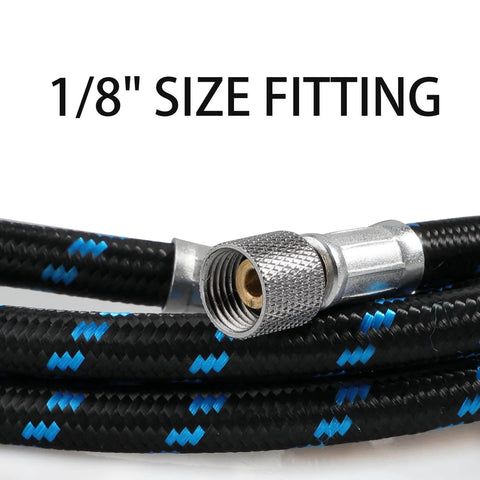Close-up of Six Foot Braided Airbrush Hose With Nylon Exterior And Rubber Inner One Eighth Inch Fittings On Both Ends.